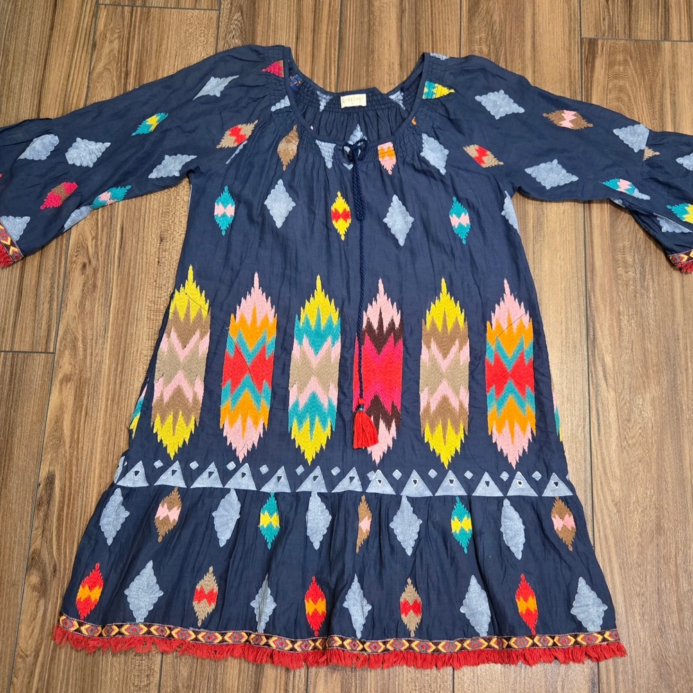 LulaSoul Embroidered Tassel‎ Tie Neck Boho Dress Navy Blue M w Pockets